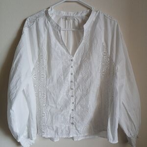 Jennifer Grace White  Button Up Shirt Women's Sz XL Lace Cottagecore